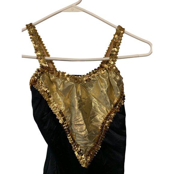Adult Large 1 piece Bodysuit Leotard Black Gold Sequined Sleeveless Sparkle Blin - Picture 2 of 4